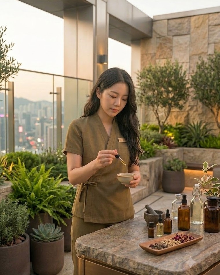 평택 출장마사지 방문 전 오일과 도구를 챙기는 관리사